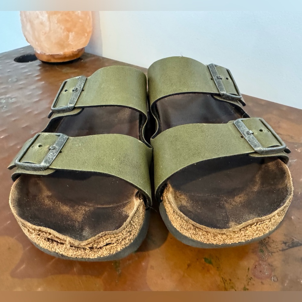 Birkenstock Olive Green Arizona Leather Two Strap Sandals